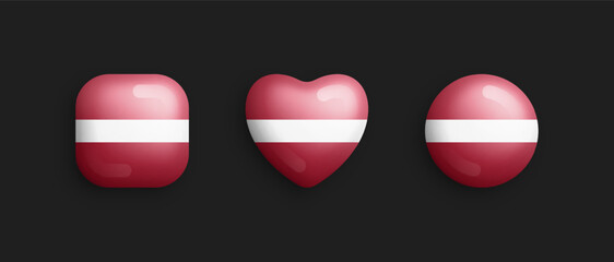 Latvia Official National Flag 3D Vector Glossy Icons In Rounded Square, Heart And Circle Form Isolated On Background. Latvian Sign And Symbols Graphic Design Elements Volumetric Buttons Collection