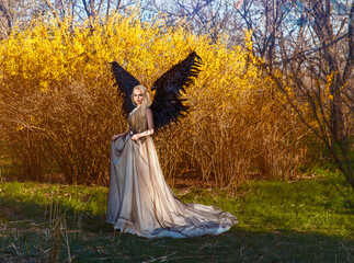 angelic woman in a beige dress and with black wings poses in nature in the spring, cosplay outfit...