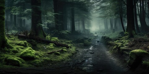 panoramic photography of a dark spooky forest path. foggy fantasy woods.