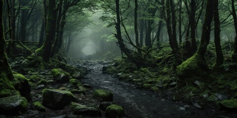 Obrazy na Plexi  dark green fantasy forest path. muddy path. foggy morning dew.