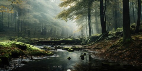 Obraz premium river in the fantasy forest. small pond swamp in the woods. 