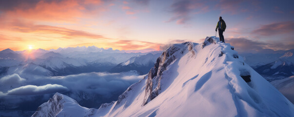 Mountain top with snowboarder at the sunset in the winter