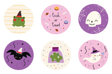 Cute Hand Drawn Halloween Round Shape Stickers. Halloween Candybar Decoration Set. White Ghosts and Pumpkin on a Beige Background. White Funny Skull, Bat on a Violet Background.