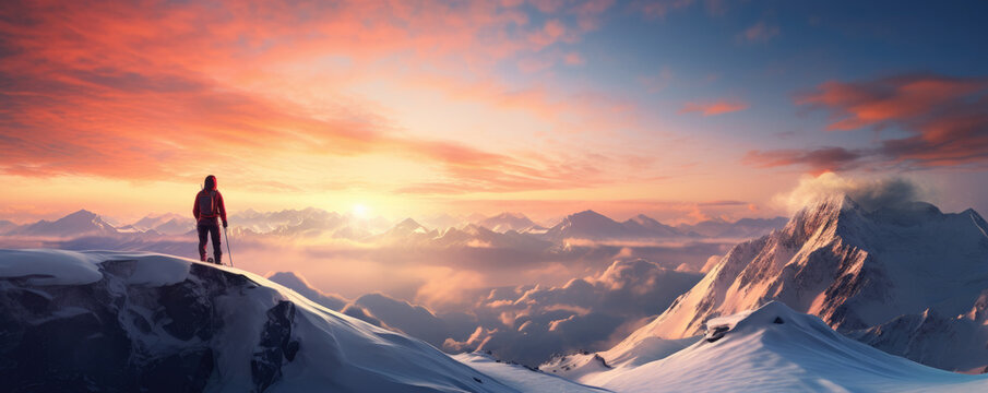 Mountain top with snowboarder at the sunset in the winter