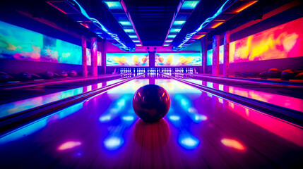 Bowling alley with bowling ball in the middle of the bowling alley.