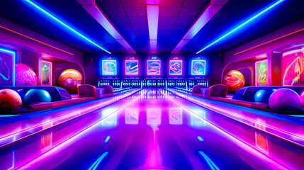 Bowling alley with neon lights and bowling balls on the bowling alley floor.