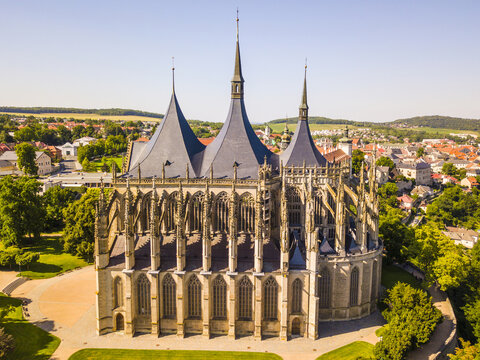 Aerial view of Saint Barbara's Church in Kutna Hora. Famous gothic church is UNESCO world heritage site. Kutna Hora, Czech Republic, Europe. 