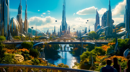 Futuristic city with bridge over river in the foreground and bridge in the background. - obrazy, fototapety, plakaty