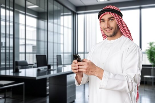 Happy young Arab business man at office, AI generated image