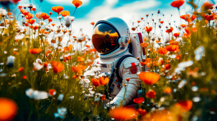 Man in space suit standing in field of flowers with poppies.