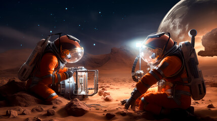 Couple of astronauts sitting on top of sandy surface next to lantern.