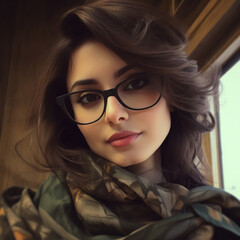 Fototapeta premium Fashionable young woman in glasses and stylish scarf. Style, magazine, cover photo. Generative AI.