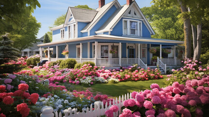 Blue house with a flower guarden