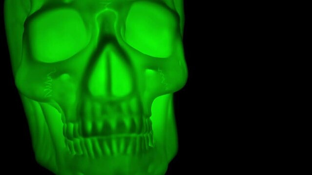 Skull glowing close up framed left, title opener, horror or Halloween asset. 4k