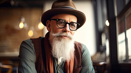 Cool Senior hipster man with stylish beard. Modern business man urban portraits outdoor. Conceptual representation of aging as a state of mind.