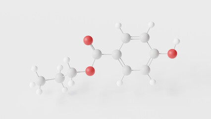 propylparaben molecule 3d, molecular structure, ball and stick model, structural chemical formula food preservative e216