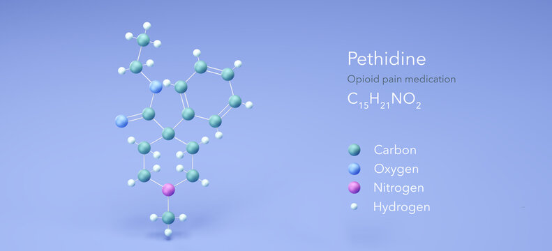 pethidine molecule, molecular structures, synthetic opioid pain medication, 3d model, Structural Chemical Formula and Atoms with Color Coding