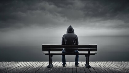 Anxiety and depression lonely solitary man in hoodie sitting on bench against empty dark grey background with copy space