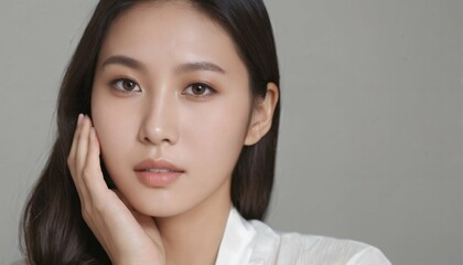 Asian woman portrait - beautiful young lady with smooth skin, studio lighting on white background