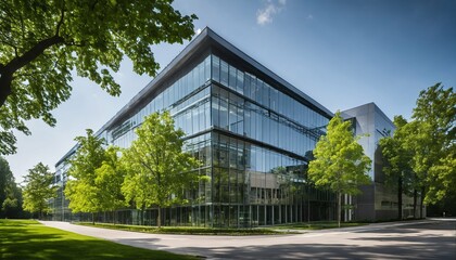 Fototapeta na wymiar Trees and green environment in eco-friendly glass office: Sustainable building