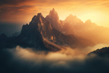Mountain landscape at sunrise, with misty valleys and rugged peaks bathed in warm, golden light