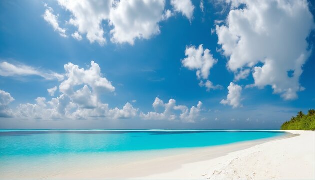 Sandy beach featuring white sand and rolling calm wave of turquoise ocean on sunny day, white clouds in blue sky background