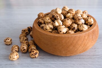 
roasted chickpeas in a wooden bowl