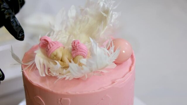 Cake on a background blue, gold, brown balloons for birthday party. Baby shower. Trendy Cake with a figure bear for boy. Celebration baptism concept. Delicious reception. Photo wall - Powered by Adobe