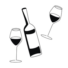 Vector wine bottle and glasses illustration. Hand drawn linear doodle silhouette icon. Graphic design, cartoon print, banner, card, poster, brochure, sign, symbol, bar logo, cafe, restaurant menu.