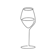 Line continuous drawing vector. Wine glass silhouette. Doodle illustration. Hand drawn linear icon. Graphic design, cartoon print, banner, card, poster, brochure, sign, symbol, bar logo, cafe menu.