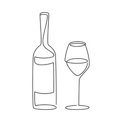 Vector wine bottle and glass line continuous illustration. Hand drawn linear doodle silhouette icon. Graphic design, cartoon print, banner, card, poster, brochure, sign, symbol, bar logo, cafe menu.