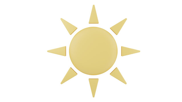 Yellow sun with sunburst in cartoon style isolated on transparent and white background. Synoptic concept. 3D render