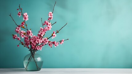 Glass Vase with Pink Blossoms on Glass Table - Blank Turquoise Wall Mockup with Copy Space, Home Interior Elegance