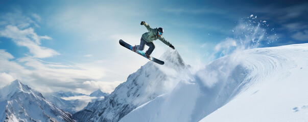 Fototapeta na wymiar Snowboarder catching air off a snowy ramp with a mountain backdrop