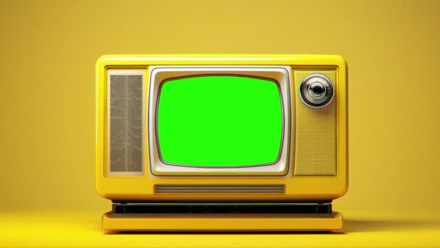 Retro futuristic tv, yellow television with a green screen in empty yellow room. 
