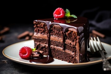 slice of dark chocolate ganache cake  with strawberries and raspberries