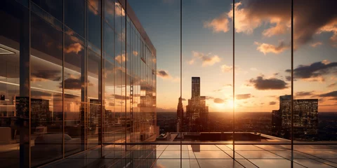 Foto op Plexiglas a skyscraper office building at sunset, reflective glass facade, bustling city background, golden - hour lighting © Marco Attano