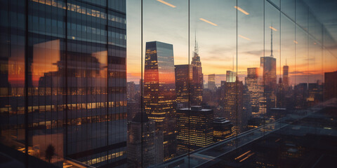 a skyscraper office building at sunset, reflective glass facade, bustling city background, golden - hour lighting - Powered by Adobe