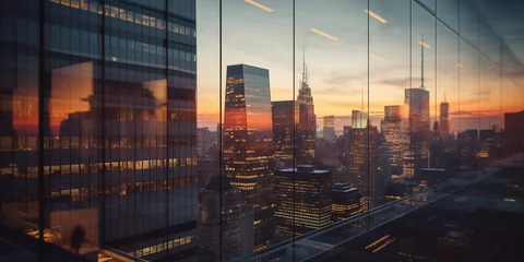 Fotobehang a skyscraper office building at sunset, reflective glass facade, bustling city background, golden - hour lighting © Marco Attano