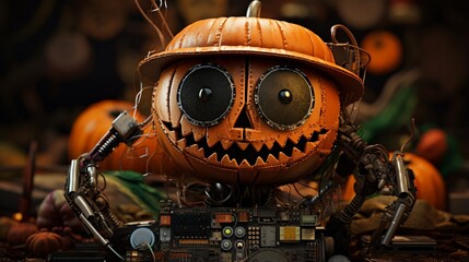 Steampunk pumpkin jack monster made up with old computer parts, Halloween event and poster design. - obrazy, fototapety, plakaty