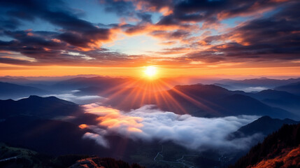 Fototapeta na wymiar sunrise, above the clouds from a mountain peak, sun creating a halo effect
