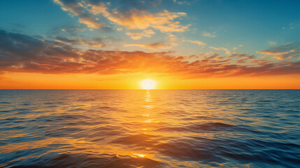 Obraz premium sunrise over a tranquil ocean, sun just touching the horizon, golden hues scattered across the sky, gentle ripples on the water