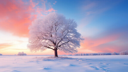 winter landscape, snow - covered fields, sun creating a pink and blue gradient in the sky, trees frosted