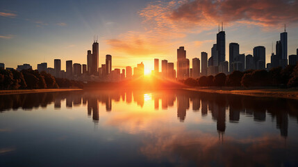 urban sunrise, sun ascending behind a city skyline, skyscrapers silhouetted, soft reflections on a river