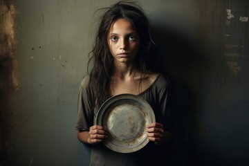 a young child holding a empty plate. helping the needy concept. poverty and hunger concept. beggar, begging. - obrazy, fototapety, plakaty