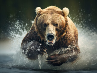 Big brown bear in icy river looking for salmon. Illustration of grizzly bear in choppy waters and dramatic action catching salmon. Bear in the Alaskan river.