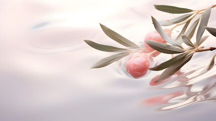 Branch with light rose flowers and green leaves floating on the water surface. Spring mood.