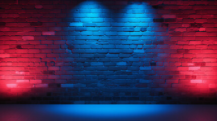 Neon light on brick wall with empty floor for product placement