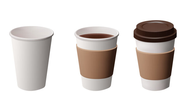 3d Papper coffee Cups set. Empty cup, cup with coffee and with plastic lid. Takeaway coffee or tea to go or delivery concept. Vector illustration isolated on white background.