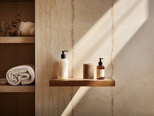 Modern design of bathroom interior with cosmetic products on shelf - obrazy, fototapety, plakaty